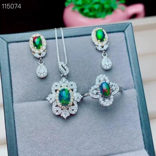 The best gift for engagement Natural Real Black Opal Set Natural And Real 925 sterling silver 1pc Ring,1pc Pendant,2pcs Earring