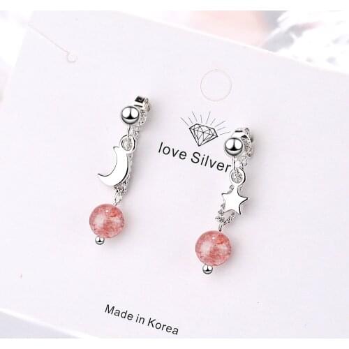 925 Sterling Silver Stars Moon Drop Earrings With Strawberry Crystal Bead Jewelry For Women S-E915