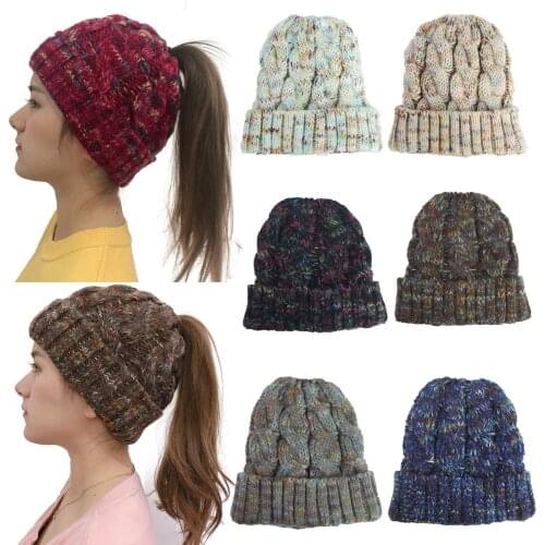 Trendy Chunky Cable Knit BeanieTail Soft Stretch Cable Knit Messy High Bun Ponytail Beanie Hat Winter Hats for Women