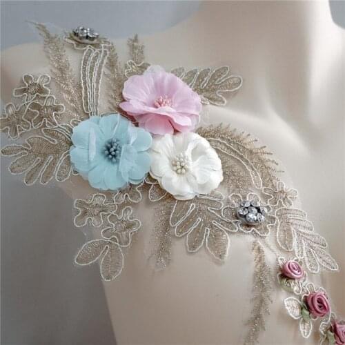 3D Chiffon flower embroidery patch lace fabric applique Sewing wedding Bride Dress veil craft garment accessories decoration