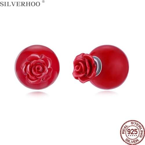 SILVERHOO Romantic Red Flower Stud Earrings For Women 925 Sterling Silver Earring Wedding Female Jewelry New Arrival Hot Sale