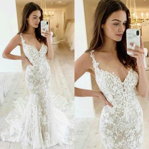 Wedding Dresses Spaghetti Straps Lace Appliques Mermaid Bridal Gowns Custom Made Backless Sweep Train Wedding Dress