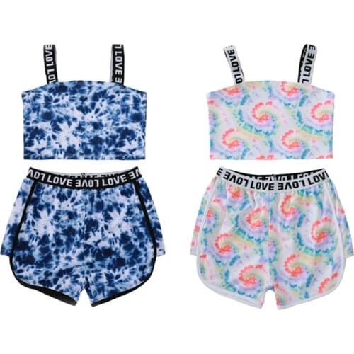 FOCUSNORM Summer Causal Kids Girls Clothes Sets Outfits 3-10Y Tie-Dye Letter Print Strapless Vest Tops Shorts