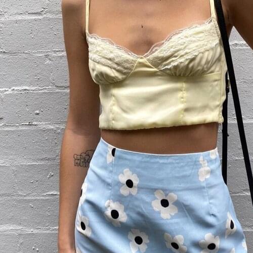 Summer Lace Sleeveless Milkmaid Top Backless Sexy 90s Crop Tops Tee Women Yellow Cami Top Fashion Casual Streetwear