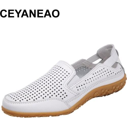 CEYANEAONew genuine leather women summer shoes cutouts female moccasins fashion hollow women flats breathable female shoe beypin