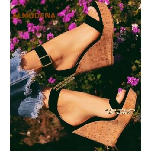 ALMUDENA Skyhigh Wooden Wedges Sandals Platform Open Toe Buckle Strap Dress Shoes Size47 Patchwork Gladiator Pumps Women Heels