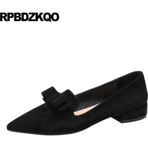 Black casual shoes women pink nude pointed toe low heels size 4 34 suede block thick pumps bow designer customized 2019 chunky