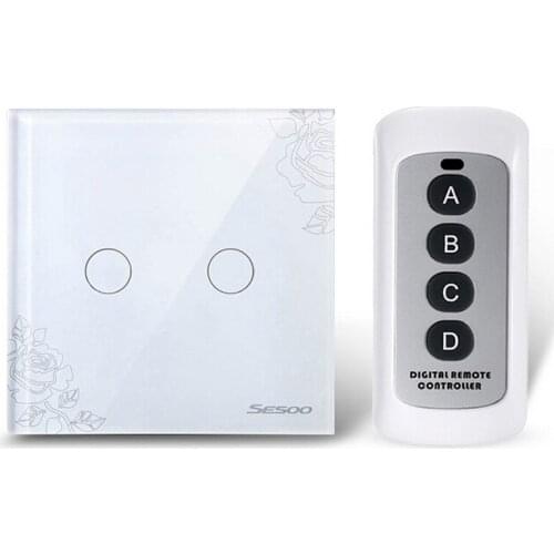 EU/UK Standard Remote Control Light Switches 2 Gang 1 Way Crystal Glass Panel Remote Touch Wall Switches for Smart Home New