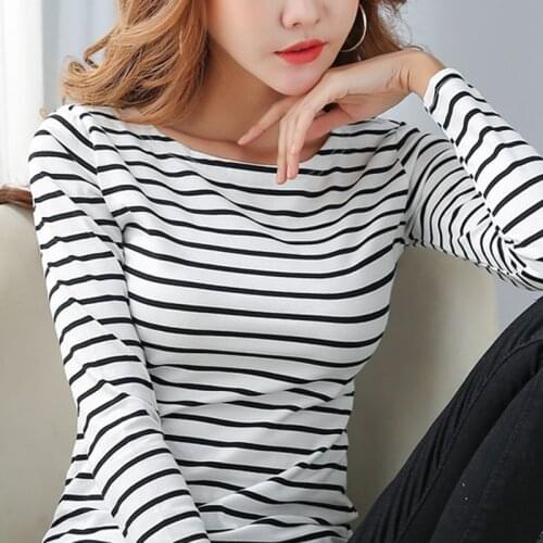 Tee Shirt Autumn Cotton T Shirt Women Loose O-Neck Woman Tshirts Clothes Striped Top Bottom Shirt Long-sleeved T-shirt 15642