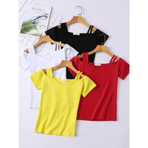 Womens summer 2019 new long-sleeved black tight-fitting T-shirt v-neck off-shoulder shirt short-sleeved women A217