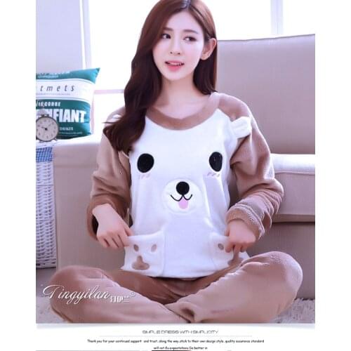 Female Pajamas Adult Winter Sleepsuit Home Furnishing Flannel Long Sleeved Lady Coral Fleece Winter Cartoon Sleepwear B-5944