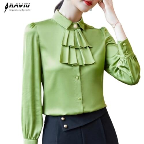 Green High-End Chiffon Shirt Women 2020 New Autumn Design Long Sleeve Formal Satin Blouses Office Ladies Professional Work Tops