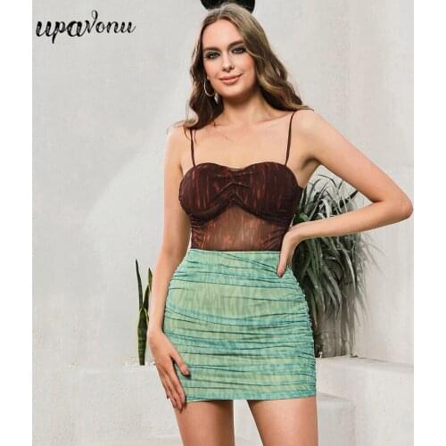 Free Shipping 2021 Elegant Summer Women Mesh Skirt Set Sling Sleeveless Draped Printed Vest Top & Mini Skirt Party Two-Piece Set