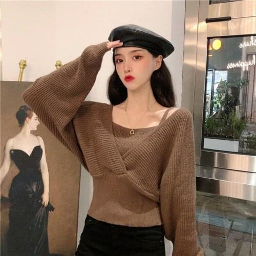 Korean Version Waist Ladies Sweater 2021 Autumn Thin Fake Two Off Shoulder Long-sleeved Sweater Vintage New Short V-neck Sweater