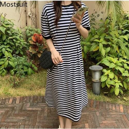 Striped Knitted Women Long Dress Summer Short Sleeve O-neck Korean Loose Dresses Casual Fashion Female Vestidos Femme 2021