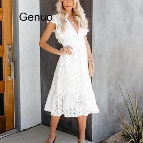 Hollow Out White Deep V Neck Ruffle White Lace Summer Dress Women Vacation Beach Sexy Dress Sleeveless Long Elegant Dress