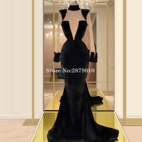 Muslim Black High-Neck Evening Dress Mermaid Floor-Length Robe De Soiree Aibye Prom Dress вечернее платье Middle East Dubai