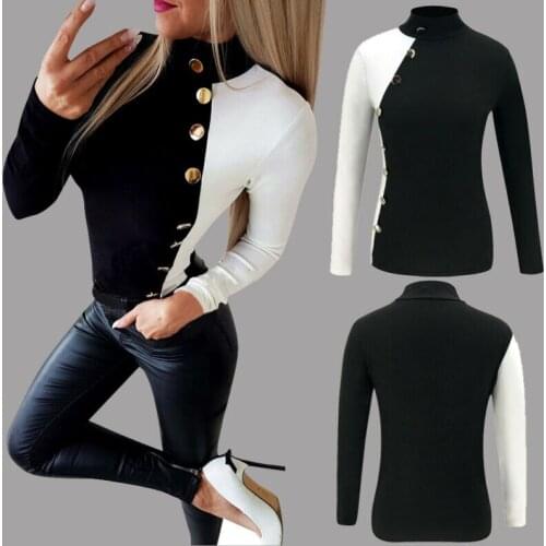 Winter Fashion Women Bodycon Patchwork High Neck 2021 New White Black Slim Long Sleeve Turtleneck Casual Buttons Tops T-shirt