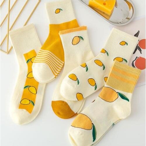 5 pairs New Socks Womens Cute Lemon fruit Yellow Socks Cotton Socks Fall Winter Kawaii Fashion Sports Casual Womens Socks