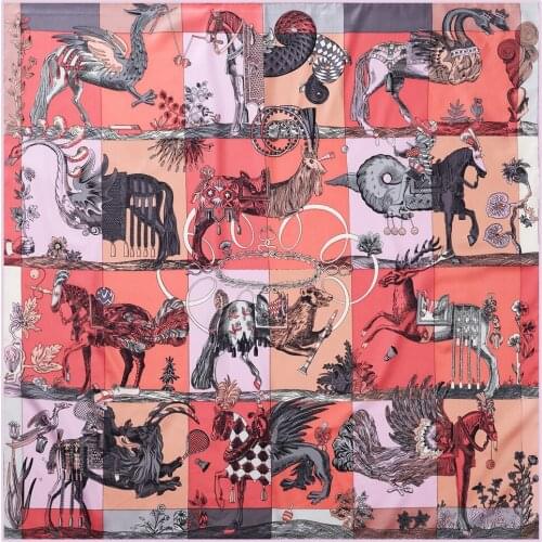 90cm Flying Horse Twill Silk Square Scarf Women Handmade Curled Luxury Brand Hijab Scarf Bandana Foulard Head Scarves Shawl