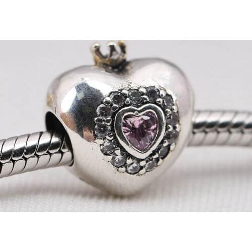Authentic S925 Sterling Silver Bead DIY Jewelry Princess Heart Crown Charm fit Pan Bracelet Bangle Pink CZ