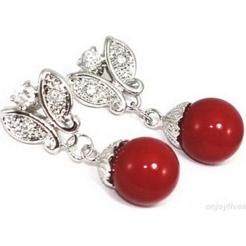 Free Shipping Red Coral Beads White Plated Crystal Butterfly Earrings