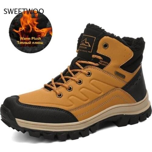 Brand Winter Men Snow Boots Warm Plush Mens Boots Waterproof Leather Ankle Boots Outdoor Non-Slip Mens Hiking Boots Sneakers
