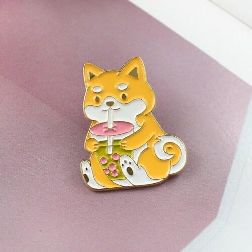 Cute Dog Brooch corgi dog funny Enamel Lapel Pin Yellow pup Drinking milk tea Custom Badge animals Jewelry gifts for friends
