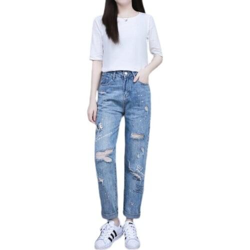 Fashion Vintage Ripped Hole Loose Harem Pants Solid Jeans Women Spring Summer Casual High Waist Slim Denim Trousers Streetwears