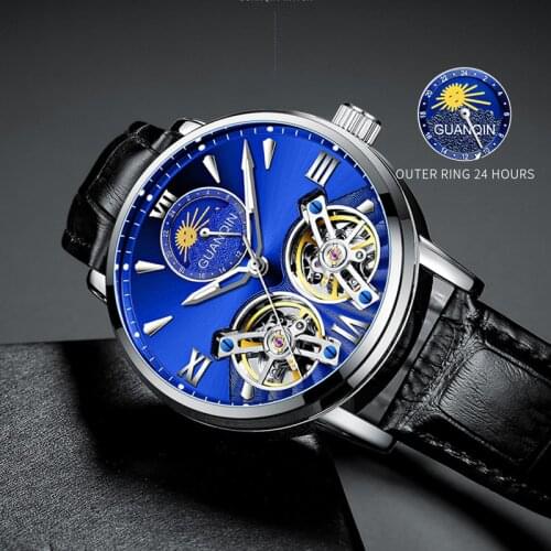 GUANQIN Top Brand Luxury Auotmatic Mens Watch Expensive Double Tourbillon Watches Moon Phase Men Mechanical Watch