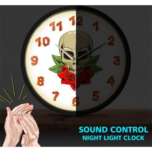 Skull with Flower Rose Wall Clock LED Illumination Floral Skull Macabre Sound Activated Watch Mental Frame Night Light