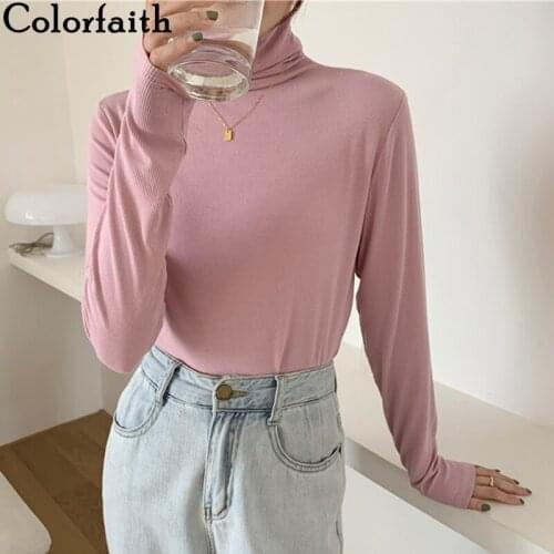 Colorfaith New 2021 Womens Spring Autumn T-shirts Bottoming Basic Korean Fashionable Wild Turtleneck Vintage Pink Tops T20100