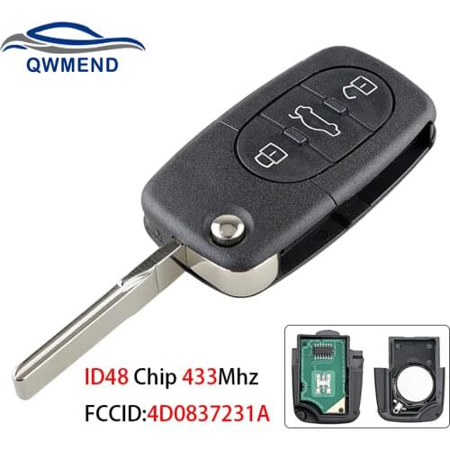 BHKEY Remote Car Key for Audi 4D0837231A 3BUT for Audi A3 A4 A6 A8 Old Models 1999-2002 Flip Key for Car ID48 Chip 433Mhz