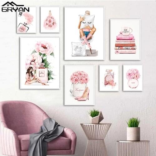 Pink Bloom Flower Wall Art Canvas Painting Fashion Sexy Girls Makeup Perfume Shoes Poster Vogue Modern Print Picture Salon Decor
