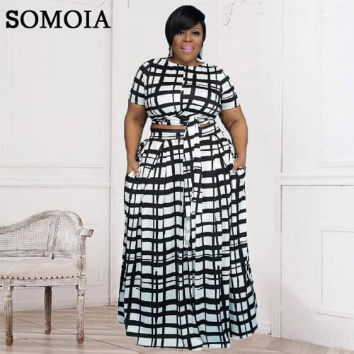 5XL Plus Size Two Piece Womens Clothing Fashion Round Neck Short Sleeve Personality Striped Print Pocket Temperament Skirt Suit