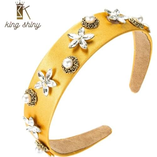 King Shiny Elegent Baroque Crystal Flower Headband Vintage Simulated Pearl Beaded Solid Color Fabric Hairband Girls Party Crowns