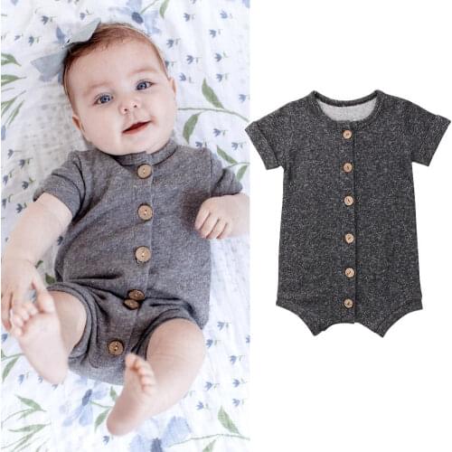 Newborn Infant Baby Boys Girls Summer Casual Romper Short Sleeve Single Breasted Solid Grey Jumpsuits Outfit 0-24M