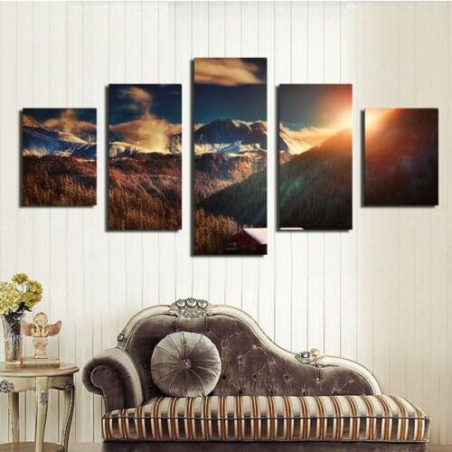 Hot Sells 5 Panels landscape Painting Mountain Sunset Hills Wall Art Picture Home Decor For Living Room Canvas Printed Painting