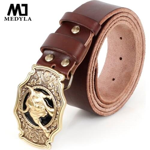 MEDYLA Genuine Leather Mens Belt Cow Head Leather First Layer Pure Cowhide Smooth Buckle Denim Personality Man A091
