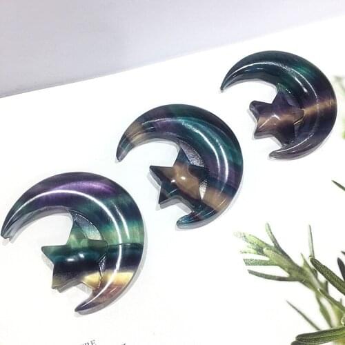Natural colorful rainbow fluorite moon and star folk crafts healing stone for home decoration