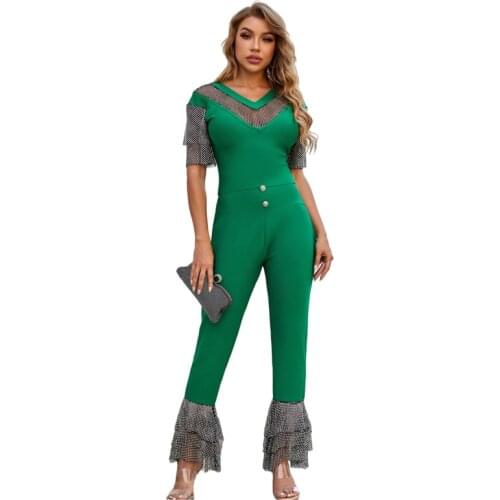 Wholesale New Plus Size Jumpsuits Green Short Sleeve Rhinestone Stretch Tight Fashion Celebrity Bandage Jumpsuits