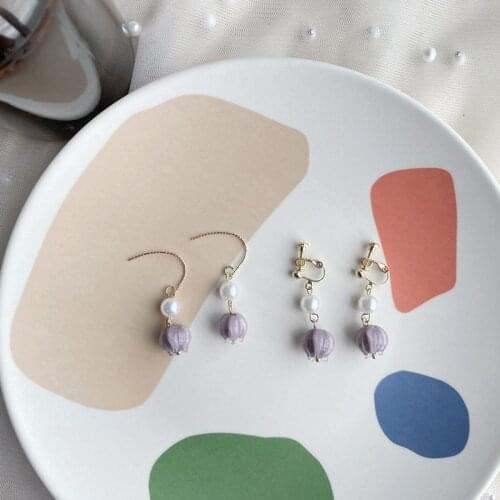 Origin Summer Charming Purple Flower Dangle Earring for Women French Vintage Simulation Pearl Long Tassel Earring Jewelry