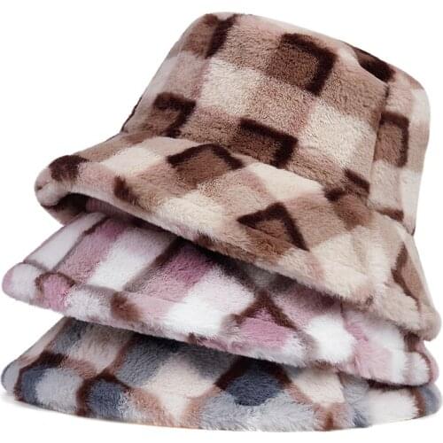 New Fashion Plaid Faux Fur Womens Winter Bucket Hats Soft Warm Thick Fisherman Hats Lady Girl Panama Outdoor Travel Fishing Caps