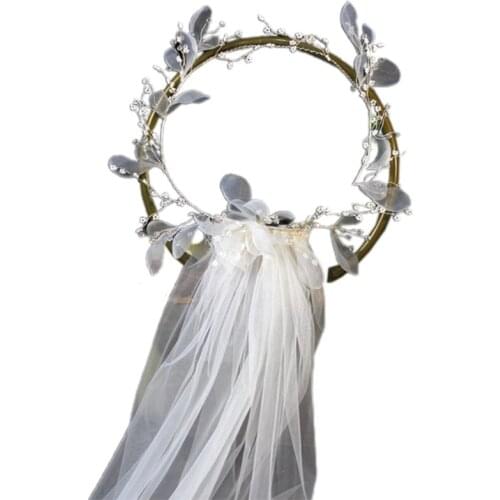 X7YC Bridal Veil with Wreath Tulle Petals Loop Decor Shoulder Length Sheer Veils