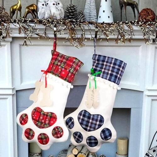 Plaid Christmas Stocking 18 *11 Inches Buffalo Hanging Puppy Dog Christmas Stocking with Large Paw for Christmas Decorations
