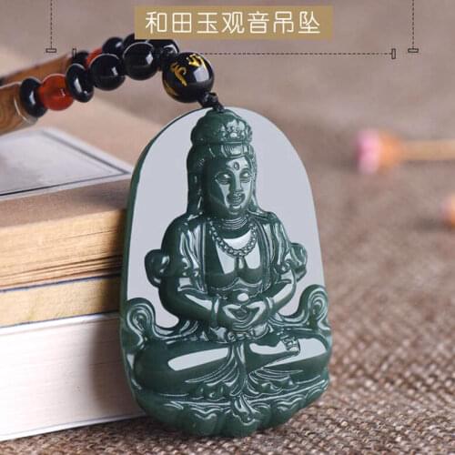 Hand-Carving Natural Green Gray Jade Lucky GuanYin Pendant Bead Necklace Boutique Man Amulet+Gift Box+Certifica