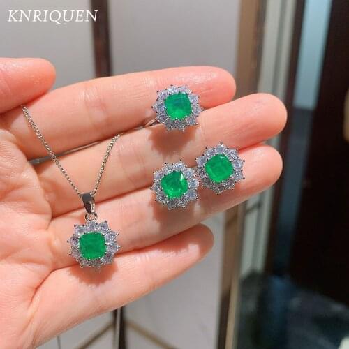 Wedding-Jewelry-Sets Emerald Ring Earring Necklace for Women 925 Sterling Silver Lab Diamond Cocktail Party Fine Jewel Wholesale