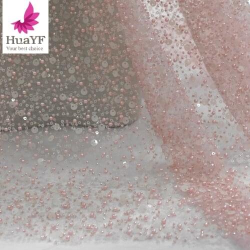 Light Pink Handwork Beaded Net Lace With Pearls And Sequins Fabrics For Evening Dress HY1334