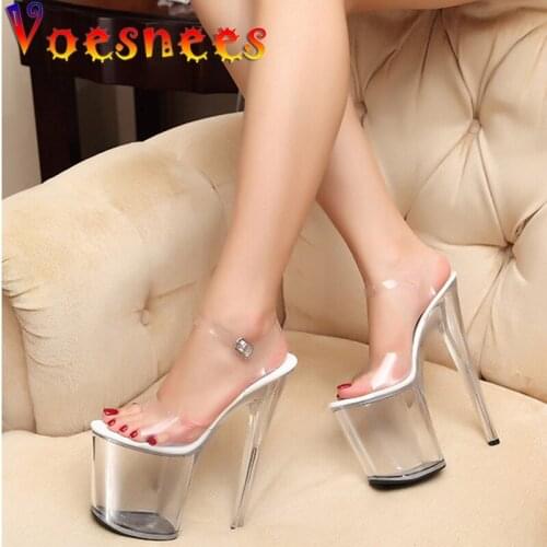 Voesnees 2021 Womens Shoes Summer Sandals Transparent Crystal high Heels Shoes Sexy Sandals Stage Show Catwalk Steel Tube Shoes