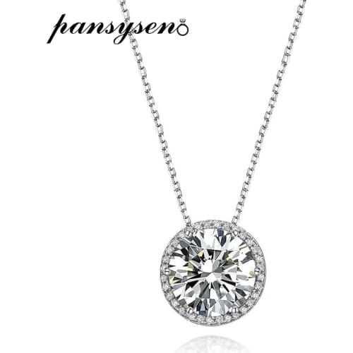 PANSYSEN New 100% 925 Sterling Silver 11MM Round Cut Simulated Moissanite Diamond Chain Pendant Necklaces for Women Fine Jewelry